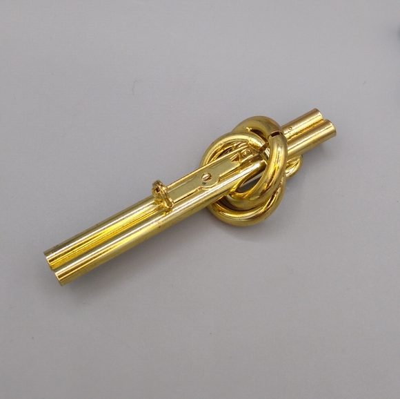 Gold Knot Bar Brooch Rhinestone Double Barrel Vtg - Picture 11 of 15